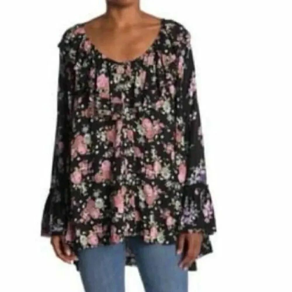 Free People floral blouse top black women's size small NEW NWT